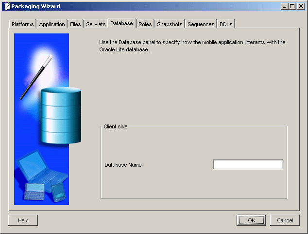 Database panel of the Packaging Wizard.