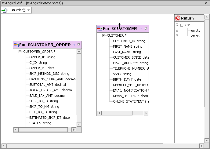XQuery Editor With Two Data Sources and an Empty Return Type