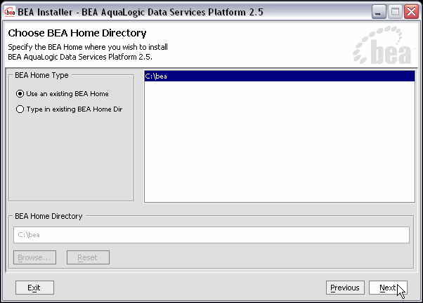 Choose BEA Home Directory