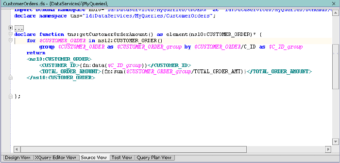 Source View of the CustomerOrders Data Service