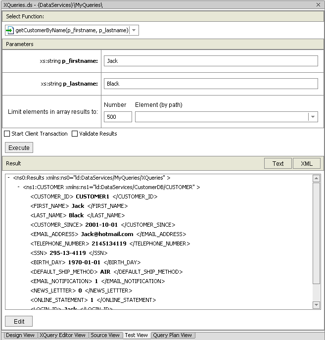 Test Results of a Parameterized Function