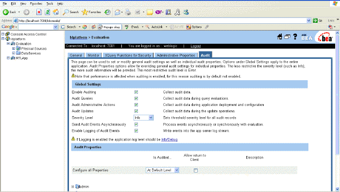 Audit Tab in the ALDSP Console