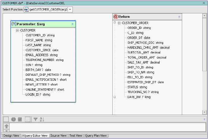 XQuery Editor View of getCustomer_Order Function 
