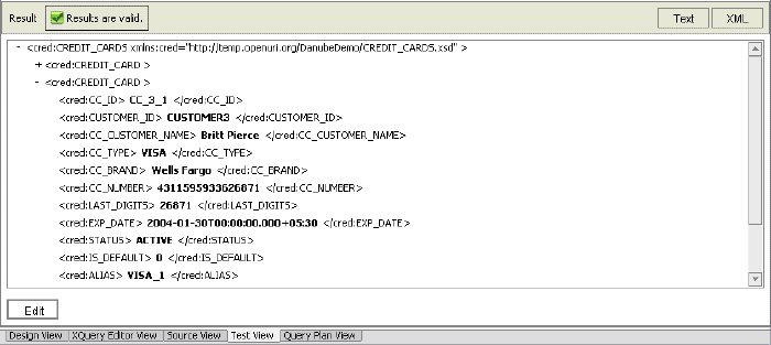 Results for the getCreditCards() function