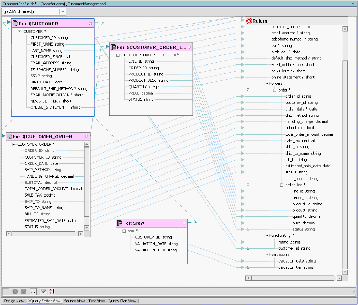 XQuery Editor View of Flat File Data Service Integrated with Logical Data Service