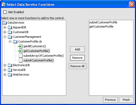 Selecting Functions for the Data Service Control