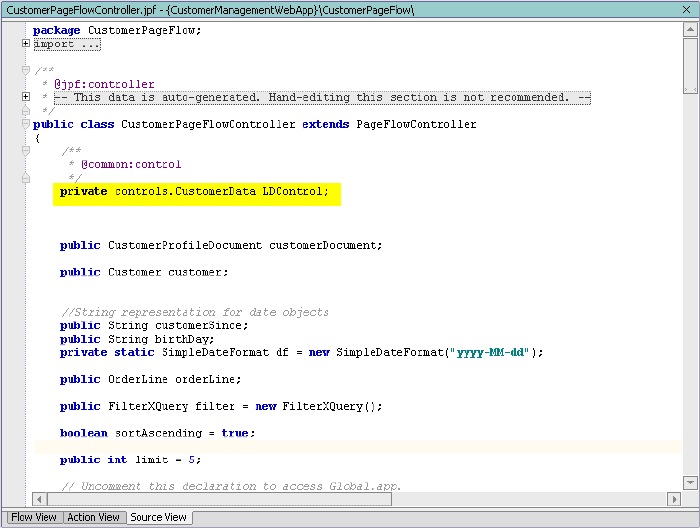 Source View of a Data Service Control
