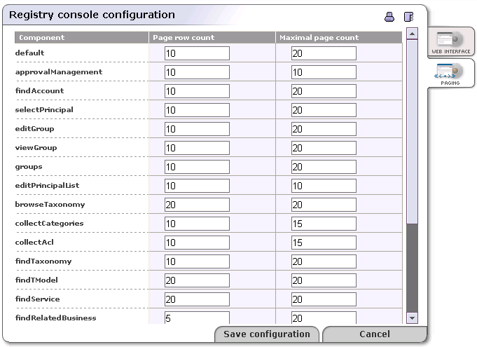 Registry Console Configuration - Paging Tab