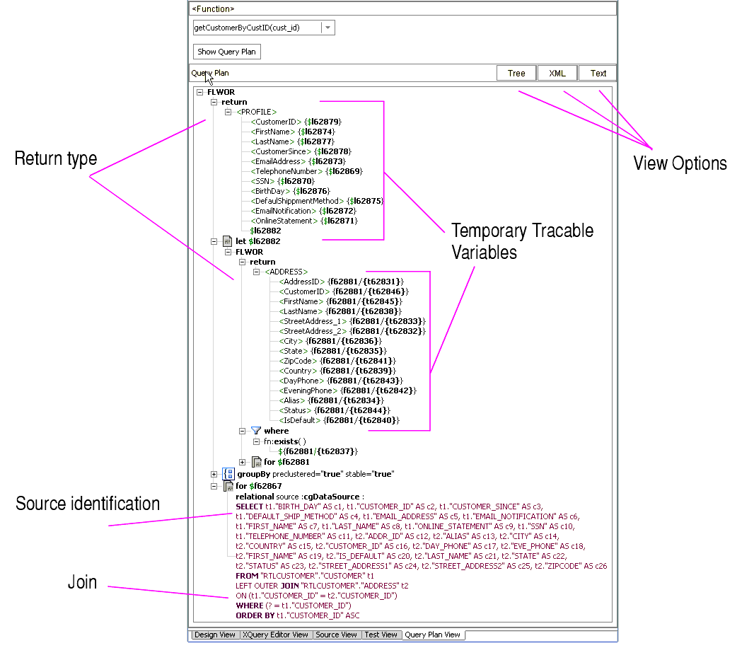 Query Plan Fragment for RTLApp's Customer Data Service getCustomerByCustID(cust_id) Function