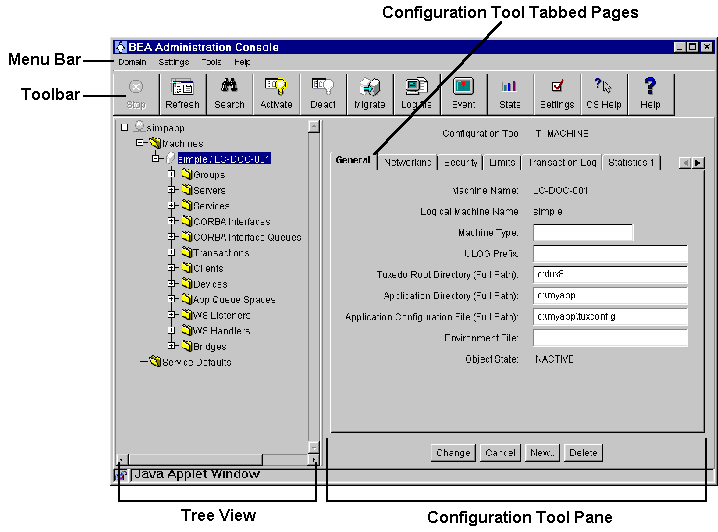 Main Menu of the BEA Tuxedo Administration Console