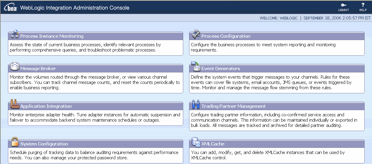 WebLogic Integration Administration Console - Home Page