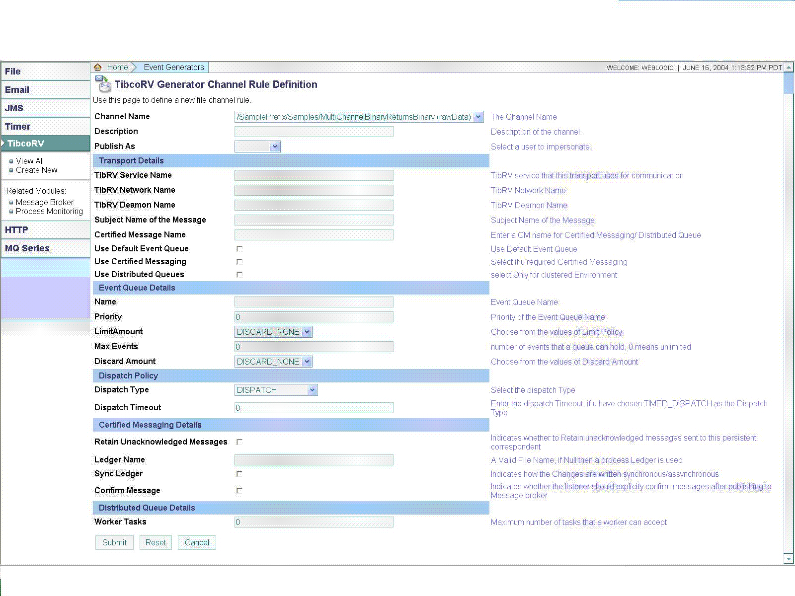 Creating a TIBCO RV Event Generator: Channel Rule Definition 