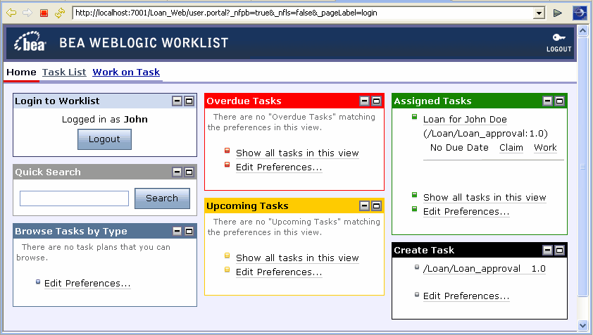 Task Home Page for User John 