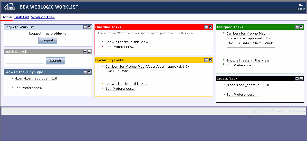 View Task Home Page for User weblogic 