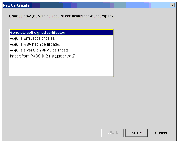 First Window of Certificate Wizard