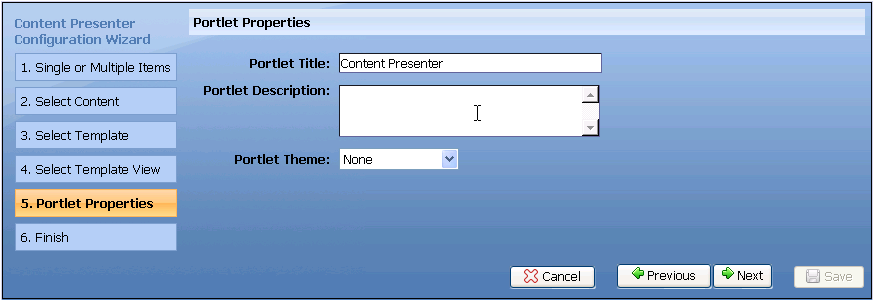 Enter a Description for the Portlet and Pick a Theme