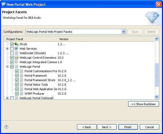 New Portal Web Project –  Select Project Facets Dialog 
