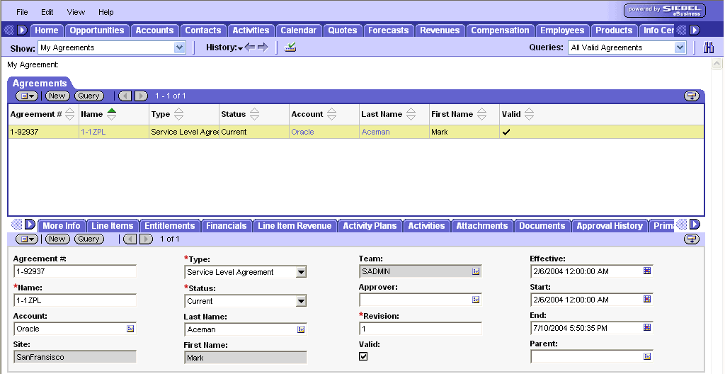WebLogic Portlets for Siebel - Agreements By Expiry Date Portlet Account details Siebel Screen