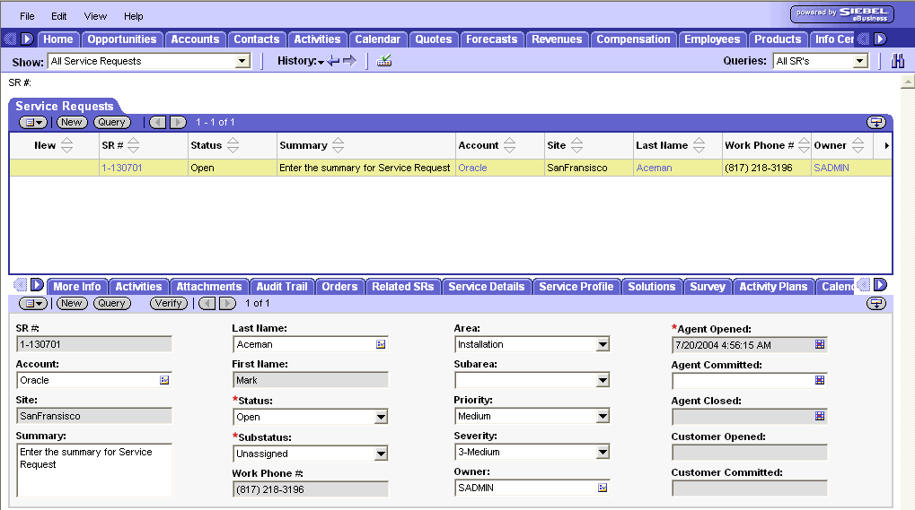 WebLogic Portlets for Siebel - Service Request - Details Screen