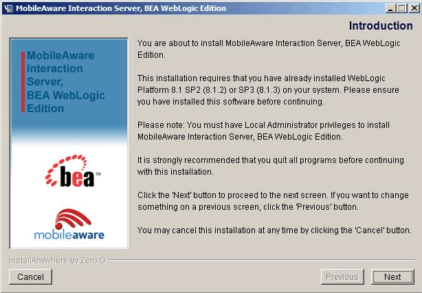 MobileAware Interaction Server Introduction Screen