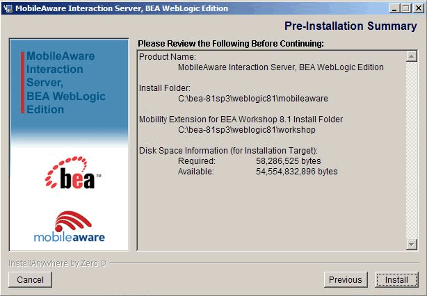 Pre-Installation Summary Screen