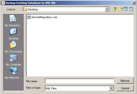 Backup Existing Device Database Screen 