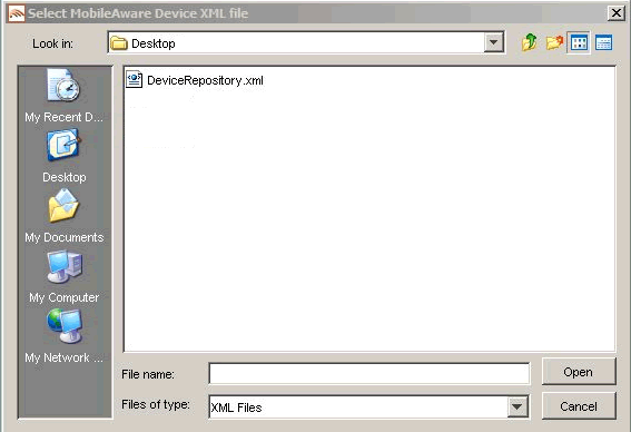 Select MobileAware Device XML File Screen 