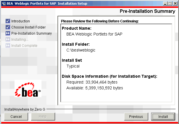 Pre-installation Summary Screen