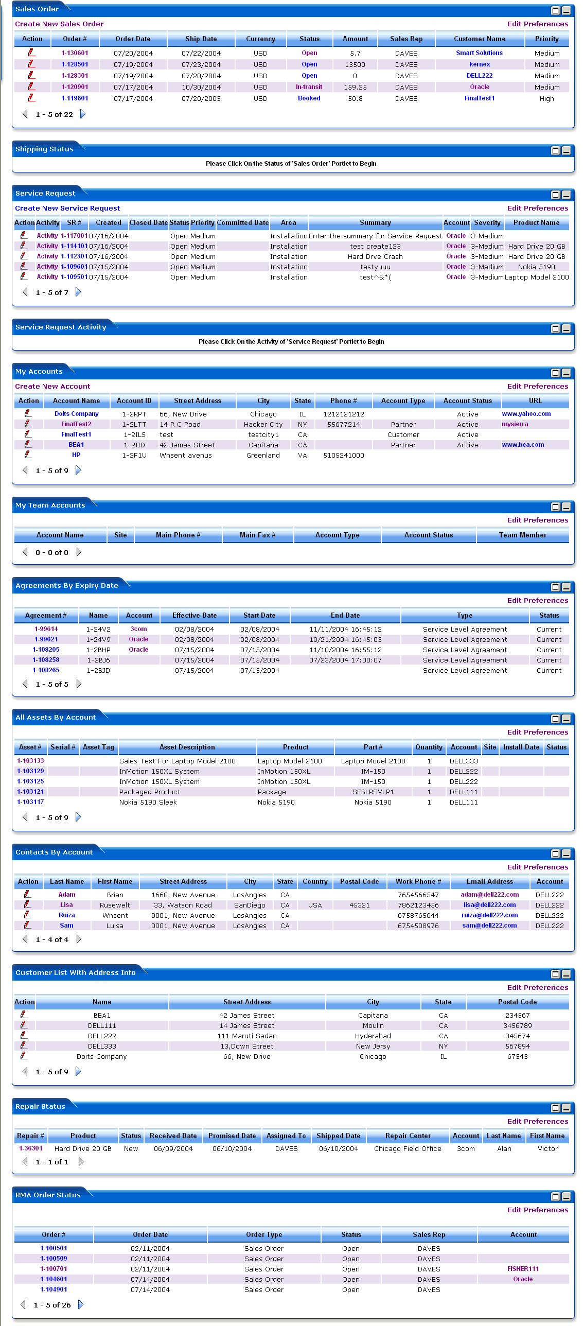 List of Portlets for the WebLogic Portlets for Siebel Screen