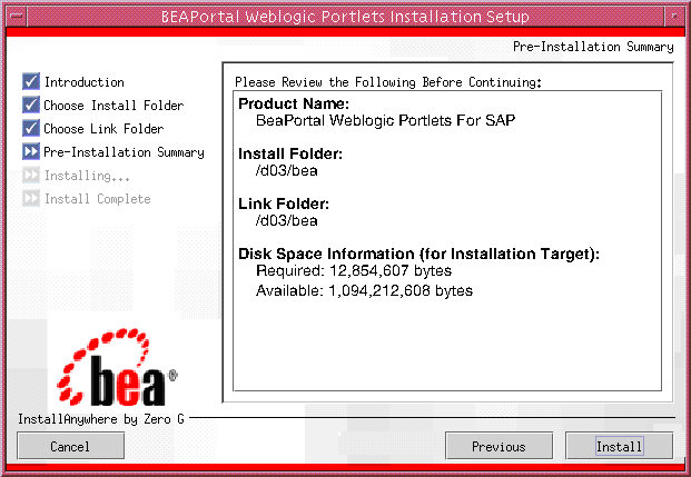 Pre-installation Summary Screen