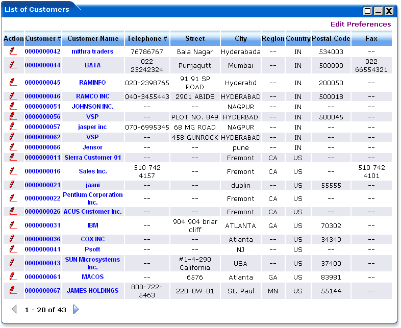 WebLogic Portlets for SAP List of Customers Portlet Screen