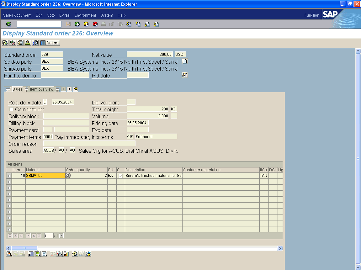 WebLogic Portlets for SAP Sales Order Portlet - SAP Sales Order details Screen