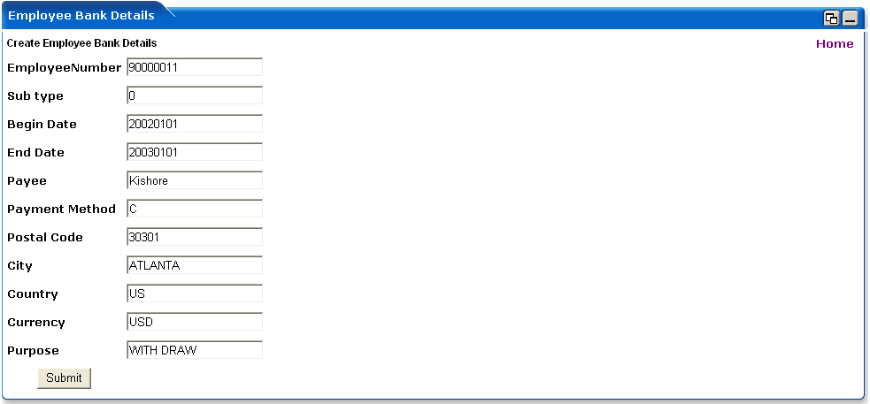 WebLogic Portlets for SAP HRMS - Create Employee Bank Details Screen