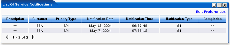 WebLogic Portlets for SAP - List Of Service Notifications Portlet Screen