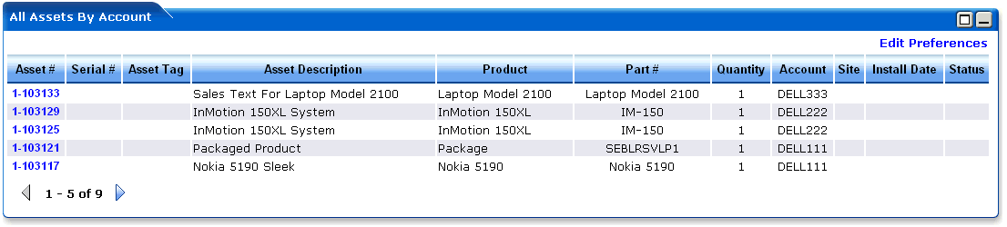 WebLogic Portlets for Siebel - All Assets By Account Portlet Screen