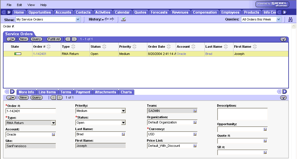 WebLogic Portlets for Siebel - RMA Order Status - Order Siebel Screen