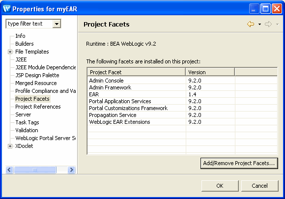 Updated Project Facets Display including WebLogic Portal Features