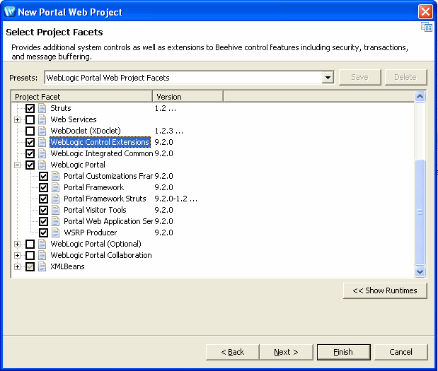 New Portal Web Project - Select Project Facets Dialog