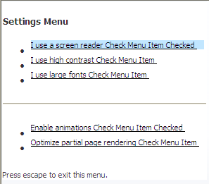 Menu listing accessibility types in screen reader mode