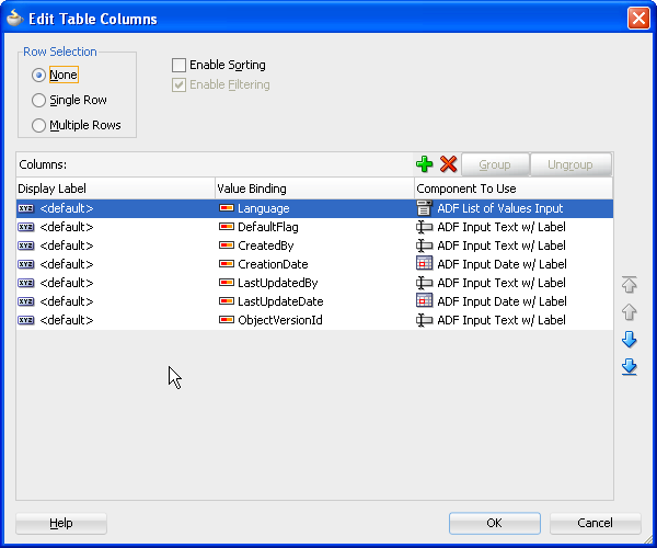 Edit table columns dialog for filtered table.