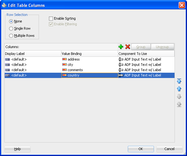 Edit table columns dialog for filtered table.