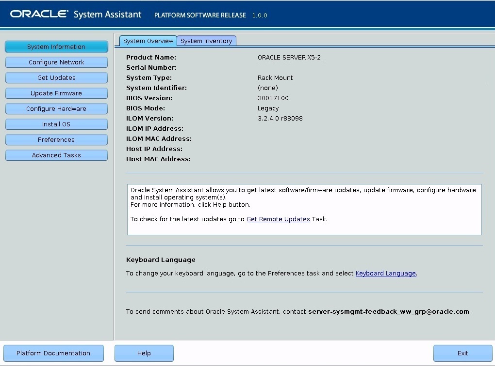 image:Oracle System Assistant System Overview screen.
