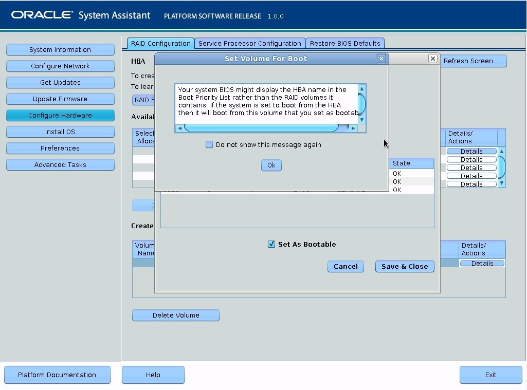 image:Screen showing the RAID configuration Set Volume For                                         Boot dialog box.