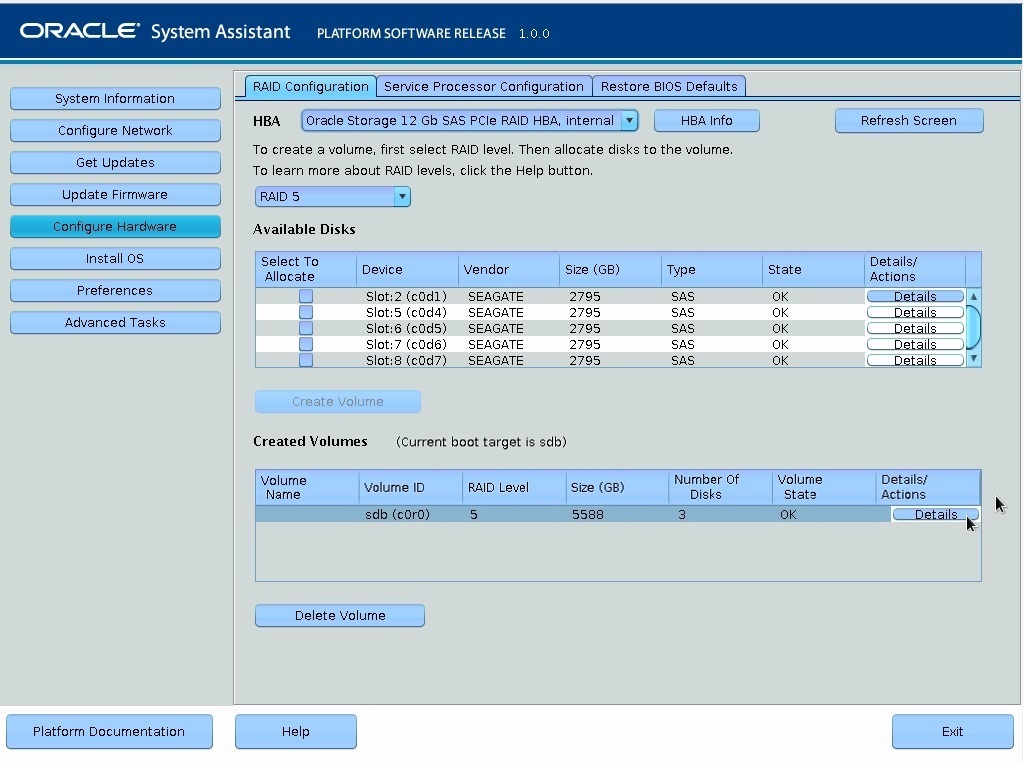 image:Screen showing the results of the RAID                                         configuration.
