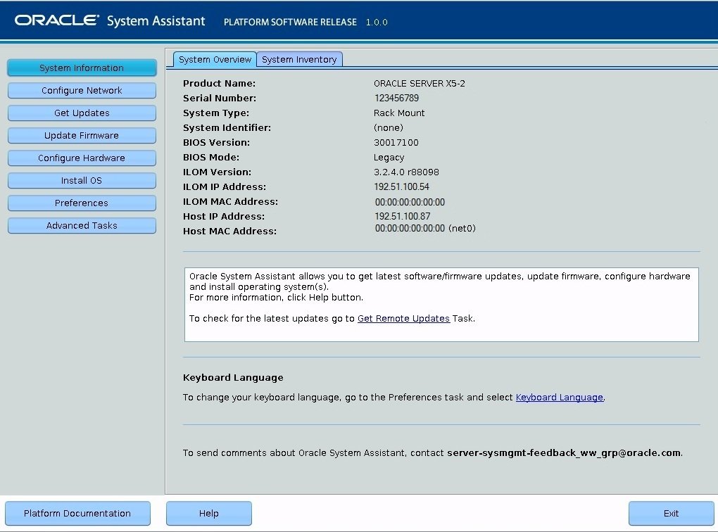 image:Oracle System Assistant System Overview screen.