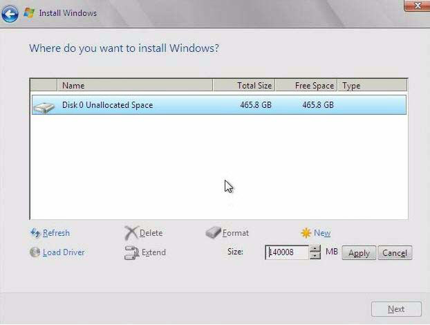 image:The Where do you want to install windows? screen.
