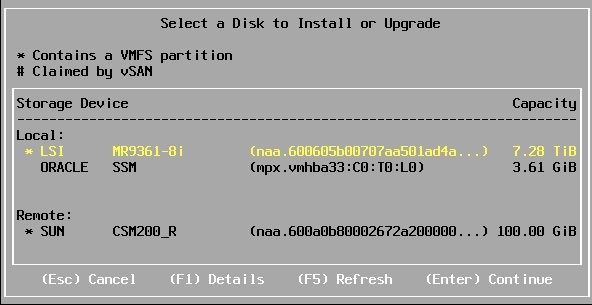image:A screen that shows the ESXi installation targets.