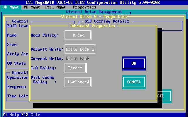 image:Mega RAID Configuration Utility Virtual Drive Advanced Properties dialog box