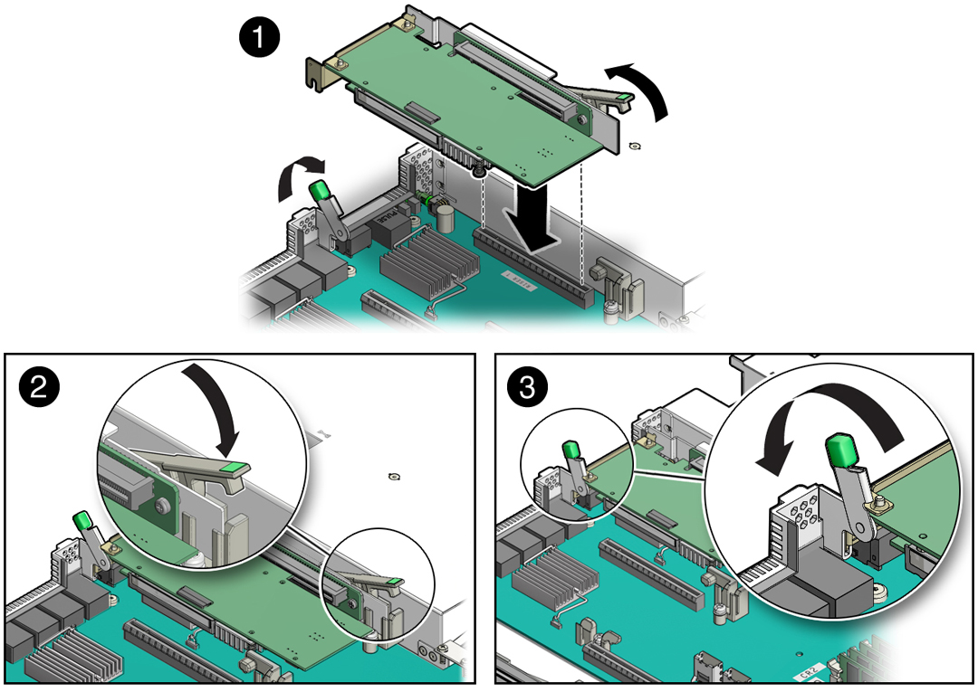 image:Figure showing how to install a PCIe riser in slots 1 and 2.