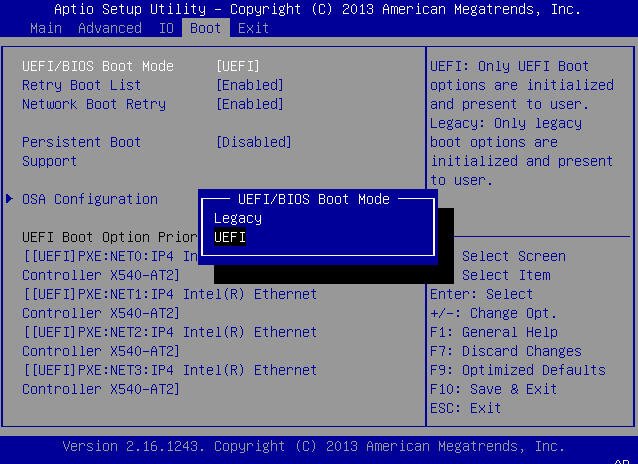 image:This figure shows the BIOS Boot Menu selection options for UEFI                                 and Legacy BIOS Boot Mode.